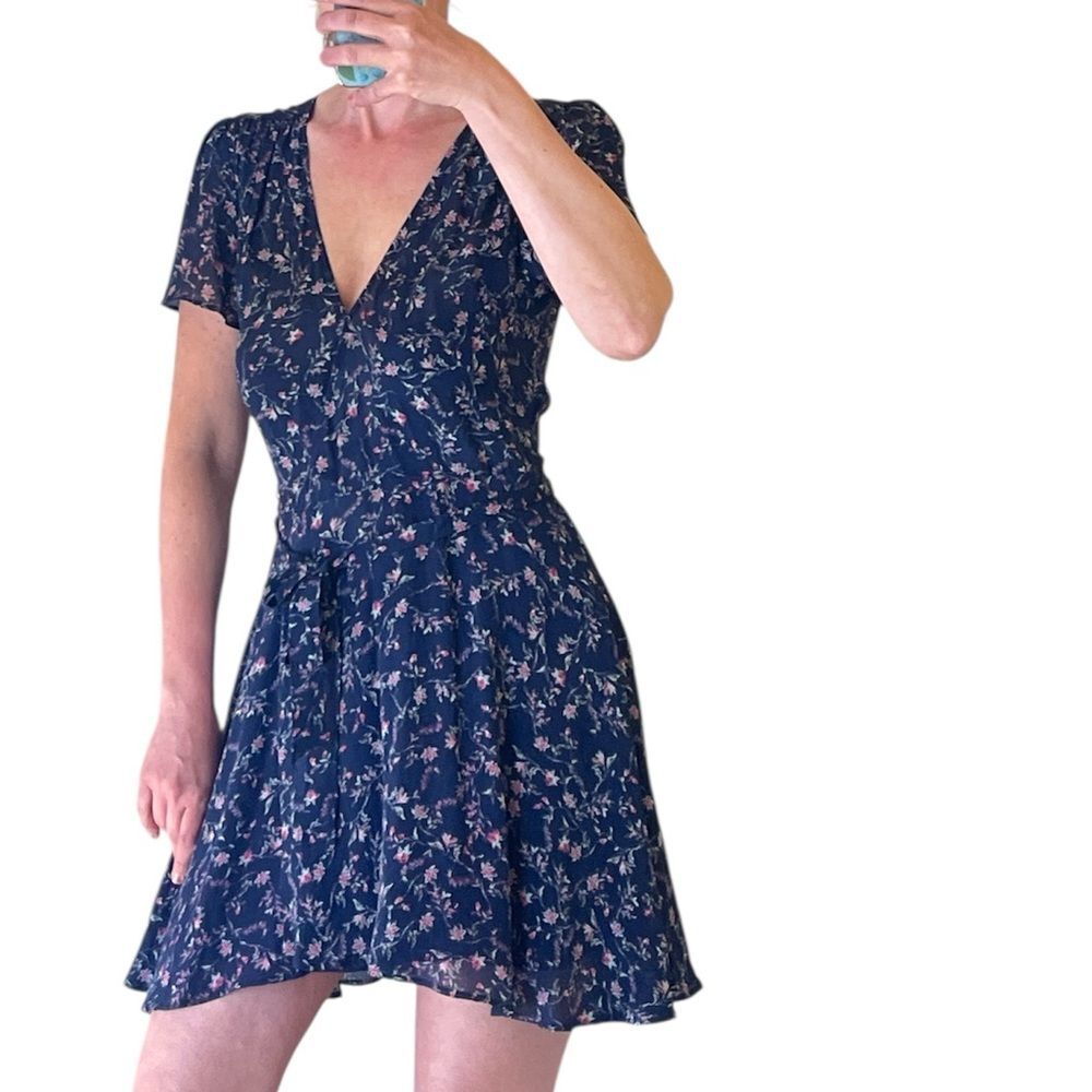 Lavender Brown Silk Floral Mini Wrap Dress blue size Small